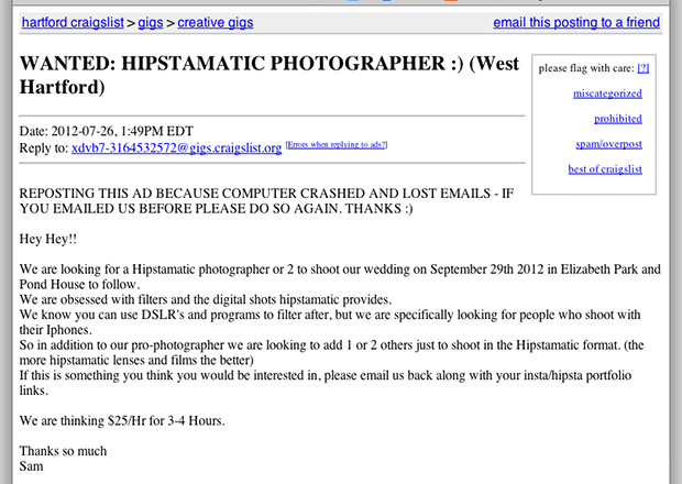 Craigslist Listing Calls for a Hipstamatic Wedding Photographer hipstamatic mini